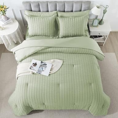 HYLEORY Queen Size Seersucker Comforter Set - 5 Pieces Reversible Comforters Bedding Sets, All Season Bed in a Bag with Comforter, Sheets, Pillowcases & Shams Sage Green - Image 3