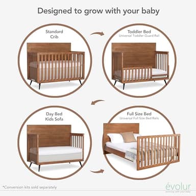 Evolur Stilnovo Mid Century 4-in-1 Convertible Crib in Sugarcane, Greenguard Gold Certified, 3 Mattress Height Settings, Modern Nursery, Wooden Furniture - Image 5