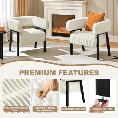Yaheetech Corduroy Barrel Accent Chair Set of 2, Modern Upholstered Armchair with Solid Wood Legs, Cozy Leisure Chair with Pocket Coiled Seat for Living Room, Bedroom, Reading Nook Beige - Image 3
