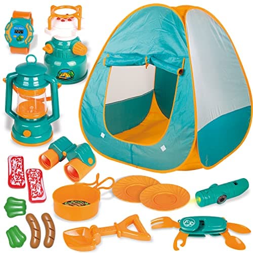 FUN LITTLE TOYS Pop Up Play Tent with Camping Gear and Tools Set, Outdoor Toys for Kids - Image 1