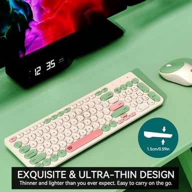 FD Wireless Keyboards and Mouse Combo - 2.4GHz USB Cordless, Cute Wireless Keyboard Round Keys, Quiet and Slim Set for Laptop, Computer, TV and Mac - Milky White Green Colorful - Image 5