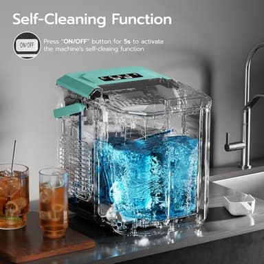 ZAFRO Countertop Ice Maker, 26.5Lbs/24H, 9 Bullet Cubes in 6 Mins, Self-Cleaning Portable Ice Machine with 2 Ice Sizes (S/L), Quiet Compact Design, Double Handles, for Home, Party, RV, Camping, Green - Image 4