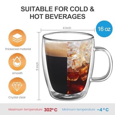 YUNCANG Double Wall Coffee Mugs, (4-Pcak) 16 Ounces-Clear Glass with Handle,lnsulated,Cappuccino,Tea,LatteCups,Beverage Glasses Heat Resistant - Image 2