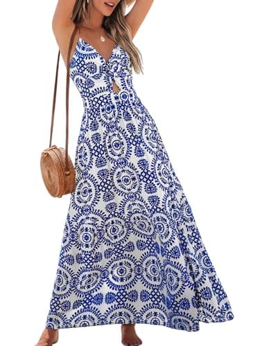 CUPSHE Summer Dresses for Women Casual V Neck Sleeveless Paisley Cutout Maxi Formal Beach Vacation Dress Blue Paisley, M - Image 1