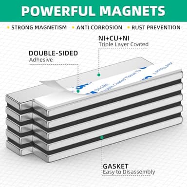 Junarter 10Pack Powerful Neodymium Bar Magnets, 60 x 10 x 3 mm Rare Earth Magnet Bar, Rectangle Magnet, Neodymium Magnets with Double Sided Adhesive Backing for Outdoor, Fridge, Whiteboard - Image 2