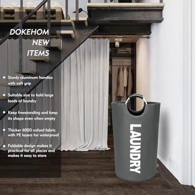 DOKEHOM 90L Large Laundry Basket, Collapsible Laundry Bag, Freestanding Tall Clothes Hamper, Foldable Washing Bin (Dark Grey) - Image 2