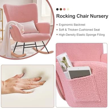 VECELO Rocking Chair Nursery Teddy Upholstered Glider Rocker with High Backrest, Padded Seat, Side Pocket, for LivingRoom, Bedroom, Baby Room - Image 6