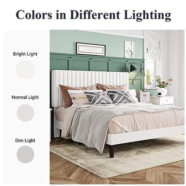 Allewie Queen Bed Frame, Velvet Upholstered Platform Bed with Adjustable Vertical Channel Tufted Headboard, Mattress Foundation with Strong Wooden Slats, Box Spring Optional, Easy Assembly, White - Image 8