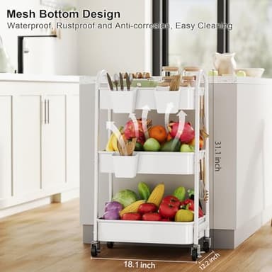 3 Tier Rolling Cart Metal with Wheels, Heavy Duty White Three Tiered Craft Cart Organizer on Wheels, Utility Roller Storage Carts for Art, Baby Nursery, Diaper Caddy, Snack,Book,Nail,Cleaning Supplies - Image 2