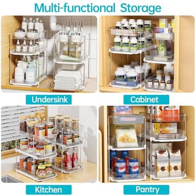 Delamu 2 Sets of 3-Tier Bathroom Under Sink Organizers and Storage, Multi-Purpose Stackable Pantry Organization and Storage, Pull Out Clear Kitchen Bathroom Cabinet Organizer with Movable Dividers - Image 5