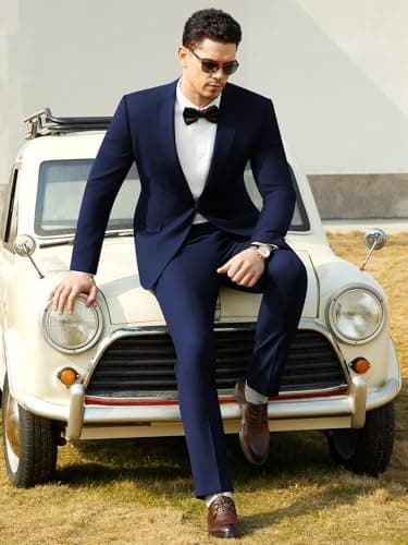 WEEN CHARM Men's Suit Regular Fit 2 Piece Wedding Tuxedo One Button Groom Prom Party Solid Blazer Pants Suit Set Navy Blue - Image 2