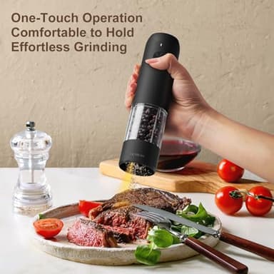 Ultrean Pepper Grinder, Rechargeable Salt and Pepper Grinder with 6 Adjustable Coarseness, LED Light, One-Hand Automatic Operation, Black - Image 2