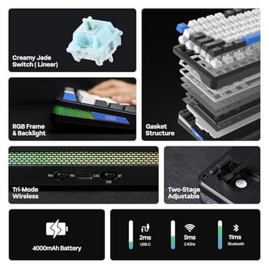 EPOMAKER TH85 QMK/VIA Wireless Gaming Keyboard, BT5.0/2.4GHz/USB-C, Hot Swappable Pre-lubed Custom Creamy Jade Linear Switches, Gasket Creamy Keyboard for PC/Mac/Office/Gaming (Black&White&Blue) - Image 2