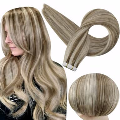 Full Shine Tape in Blonde Hair Extensions Tape in Extensions Human Hair Color 8 Ash Brown Highlighted 60 Platinum Blonde Seamless Hair Extensions Tape ins 50G Straight Remy Hair for Women 20Inch 20Pcs - Image 1