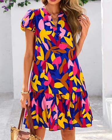 dowerme Womens Summer Dresses 2025 Puffy Sleeve V Neck Loose Floral Print A Line Boho Mini Babydoll Dress with Pockets(Blue Floral,Medium) - Image 2