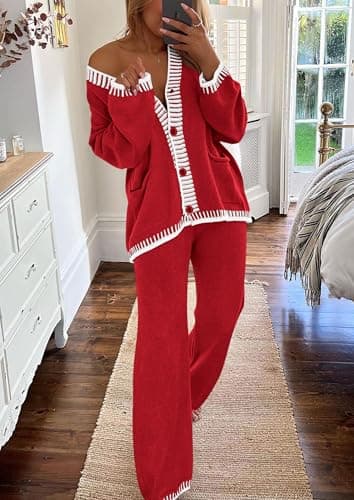 PRETTYGARDEN Lounge Sets for Women Fall 2025 Loungewear 2 Piece Outfits Cardigan Sweaters Track Suit Matching Winter Clothing (Red,X-Large) - Image 6