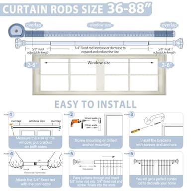 TVWOO Black Decorative Crystal Curtain Rods 36 to 88 Inch:Heavy Duty Adjustable Window Curtains Rods for Living Room Bedroom,Matte Black Modern Acrylic Drapery Rod with Clear Bling Diamond Finials - Image 7