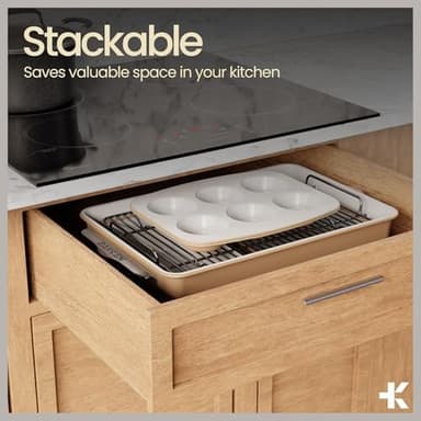 Bakken 8-Piece Stackable Bakeware Set - Ceramic Non-Stick Coating, Baking Sheets, Assorted Baking Pans, PTFE, PFOA & PFOS Free - Healthy Baking, Ergonomic Handles, Cooling Rack, Non-Toxic, Oven-Safe - Image 7