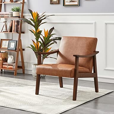 Yaheetech PU Leather Accent Chair, Mid-Century Modern Armchair with Solid Wood Legs, Reading Leisure Chair with High Back for Living Room Bedroom Waiting Room, Brown - Image 4
