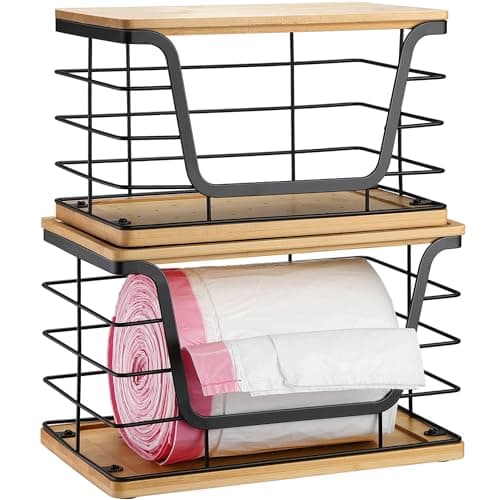 ALOCEO 2 Pack Large Garbage Bag Dispenser for 13/30/33 Gallon Bags, Potato and Onion Storage Baskets with Bamboo Lid, Stainless Steel Stackable Storage Bins for Kitchen Laundry Pantry Room - Image 1