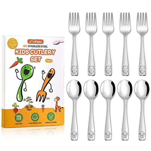 VITEVER 10-Piece Toddler Utensils, Kids Stainless Steel Silverware Set, Children Safe Forks and Spoons - Mirror Polished, Dishwasher Safe - Image 1