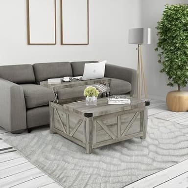 jimeimen Farmhouse Lift Top Coffee Table with Storage, Wood Square Center Table with Charging Station&USB Port, Living Room Table w/Large Hidden Space, for Living Room, Bedroom, Home Office, Grey - Image 5