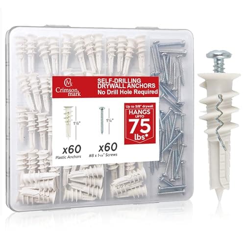 CrimsonMark 120Pcs #8 Self Drilling Drywall Anchors and Screws kit #8 x 1-1/4”- Superb Wall Anchors for Drywall, Holds Upto 75lbs – No Drill Hole Required with These Dry Wall Screws and Anchors - Image 1