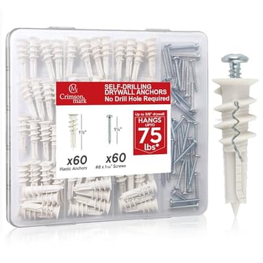 CrimsonMark 120Pcs #8 Self Drilling Drywall Anchors and Screws kit #8 x 1-1/4”- Superb Wall Anchors for Drywall, Holds Upto 75lbs – No Drill Hole Required with These Dry Wall Screws and Anchors - Image 1