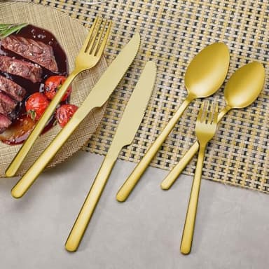 24 Pcs Gold Silverware Set with Steak Knives, Food-Grade Stainless Steel Flatware Cutlery Set for 4, Mirror Polished Tableware Eating Utensils Set for Kitchen, Knife Fork Spoon Set, Dishwasher Safe - Image 5