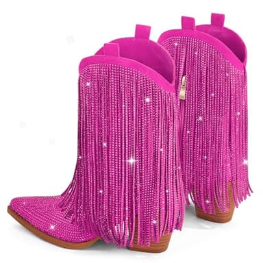 Ouepiano Cowboy Boots for Women - Pink Cowgirl Rhinestone Boots with Sparkly Fringe Pointed Toe Western Boot Chunky Heel Pull-On Wide Calf Botas Vaqueras Size 7.5 - Image 8
