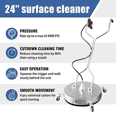 janz 24'' Pressure Washer Surface Cleaner with 4 Wheels,Dual Handle,Stainless Steel Housing, 4 Replacement Nozzle Cores and 2 Hose Adapters,Ideal for Driveways, Sidewalks,Patios,Decks Cleaning - Image 2