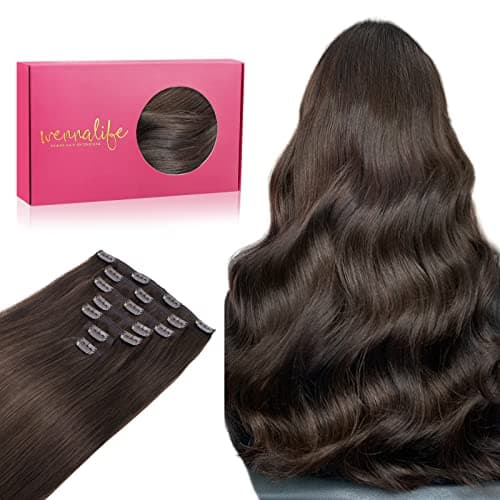 WENNALIFE Clip in Hair Extensions Real Human Hair, 24 Inch 140g 7pcs Remy Hair, Light Dark Brown Straight Natural Extensiones De Cabello Humano Con Clip Ins - Image 1