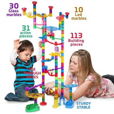 Meland Marble Run Sets for Kids - 153Pcs Marble Race Track Maze Madness Game STEM Building Tower Toy for 4 5 6 + Year Old Boys Girls(113 Pcs + 30 Glass + 10 Led Lighted) - Image 3