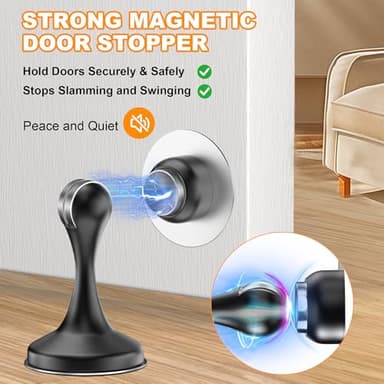 Crosize Magnetic Door Stoppers 2 Pack, Stainless Steel Door Stops, Wall-Mounted and Floor Mounting Metal Doorstops, Door Holder Keep Door Open, No Drilling Door Stop with Adhesive Tapes, Black - Image 2