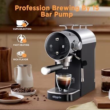 Ollygrin Espresso Machine,15 Bar Semi-Automatic Espresso Maker with Milk Frother,Touch Screen Black Stainless Steel Coffee Machine with 40oz Removable Water Tank,Cappuccino,Latte,Americano for Home - Image 2