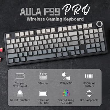 MechLands Aula F99 PRO 96% Mechanical Gaming Keyboard, BT5.0/USB-C/2.4GHz Wireless, Hot Swappable Gasket Custom Keyboard with 8000mAH Battery, Rotary Knob, RGB Backlit for Win/Mac (Grey) - Image 2