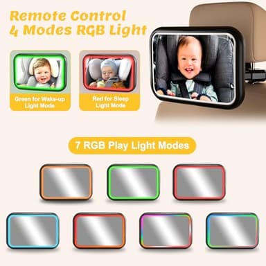 Baby Car Mirror with Light, 7 RGB Light Rear Facing Baby Car Seat Mirror with Remote Control Rechargeable 360° Rotation Hook Clip Design Wide View Shatterproof - Image 5