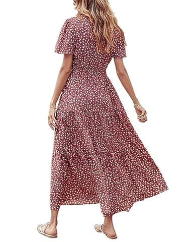 PRETTYGARDEN Women's Summer Casual Short Flutter Sleeve Round Neck Smocked Waist Tiered Boho Floral Flowy Maxi Dress(Floral Red Brown,X-Large) - Image 2