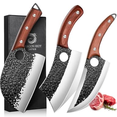 DRAGON RIOT Professional Butcher Knife Set for Meat Processing, 3Pcs High Carbon Steel Hand Forged Serbian Cleaver Chef Knife Set with Ergonomic Handles for Kitchen Outdoor Cooking - Image 1
