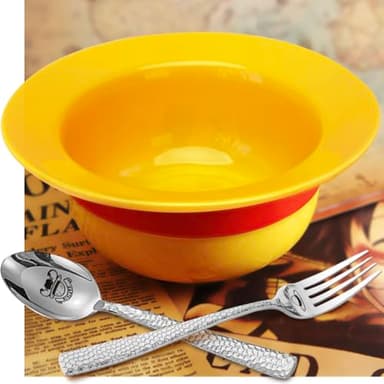 Ceramic Anime Style Straw Hat Ramen Bowl Set, Hammered Stainless Steel Fork & Spoon, Good ideal Gift Anime Merchandise for OP Fans(Captain’s Feast Edition) - Image 1
