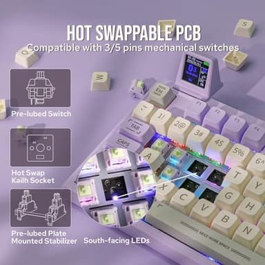EPOMAKER RT100 97 Keys Gasket BT5.0/2.4G/USB-C Mechanical Keyboard with Customizable Display Screen, Knob, Hot Swappable Socket, 5000mAh Battery for Win/Mac(RT100 Purple， Wisteria Linear Switch) - Image 5