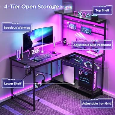 Bestier 42 L Shaped Gaming Desk, Computer Desk with Power Outlets & LED Light, Reversible Corner Desk with Shelves, Home Office Desk with Storage, Black Marble - Image 4