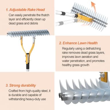 TOOVEM Thatch Rake, 15-inch Lawn Thatching Rake with Heavy Duty Steel Tines & Ergonomic Handle, 70-Inch Professional Dethatching Rakes for Effective Lawn Care, Garden & Yard Tool - Image 5