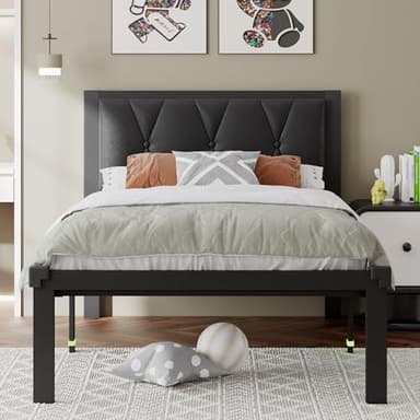 Feonase Twin Size Metal Bed Frame with Faux Leather Button Tufted Headboard, Platform Bed Frame with Heavy Duty Metal Slats, 12" Storage Space, Noise Free, No Box Spring Needed, Black - Image 1