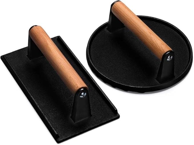 Burger Press, 7" Round & 8.2"X4.3" Rectangle Heavy-Duty Cast Iron Smash Bacon Press Meat Steak With Wood Handle for Griddle, Sandwich, Nonstick Pan - Image 1