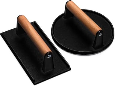 Burger Press, 7" Round & 8.2"X4.3" Rectangle Heavy-Duty Cast Iron Smash Bacon Press Meat Steak With Wood Handle for Griddle, Sandwich, Nonstick Pan - Image 1