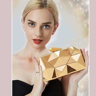 YAPAIOU Women Lattice Pattern Metal Evening Clutch Bag,Geometric Evening Clutch Purse Handbag With Chain Strap For Lady Wedding Party Prom Formal Occasion(Gold Large) - Image 2