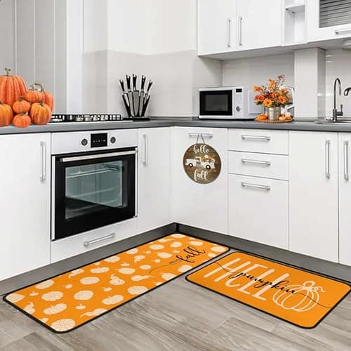 Orange Hello Pumpkin Fall Kitchen Rugs Set of 2, Autumn Harvest Pumpkin Thanksgiving Front Door Mat Floor Rug for Home Holiday Party Decor 17"x47"+17"x30" - Image 1