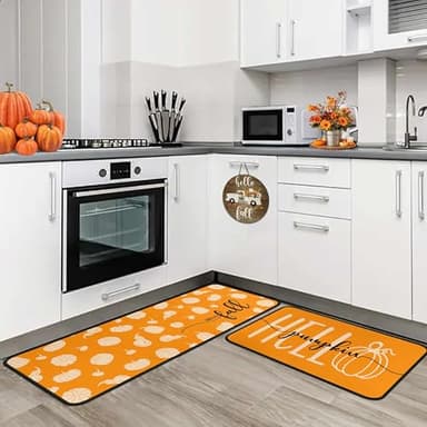Orange Hello Pumpkin Fall Kitchen Rugs Set of 2, Autumn Harvest Pumpkin Thanksgiving Front Door Mat Floor Rug for Home Holiday Party Decor 17"x47"+17"x30" - Image 1