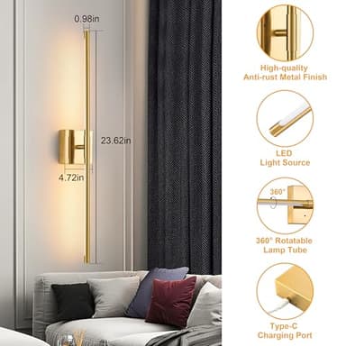 Morauroral Gold Battery Operated Wall Sconces, Dimmable Wall Sconces with Remote Control, Rechargeable Sconces Wall Lighting, 24″ LED Wireless Wall Lights for Bedroom, Living Room, Bathroom, Hallways - Image 6